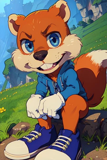 conker, blue eyes, buck teeth,  tail, 
sneakers,  white gloves,  blue jacket, zipper, long sleeves,  
solo, upper body,   smile,  sitting, 
outside, plains,  
(insanely detailed, beautiful detailed face, masterpiece, best quality) cinematic lighting,
 <lora:conker-10v2:0.7>