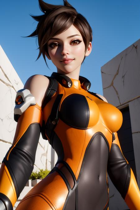 (masterpiece, best quality:1.2), intricate details, 1girl, brown hair, tracer (overwatch), short hair, brown eyes, orange bodysuit, standing, makeup, medium breasts, bangs, spiked hair, bare shoulders, closed mouth, smile, upper body, potrait, realistic, <lora:A3D_Beta:1>