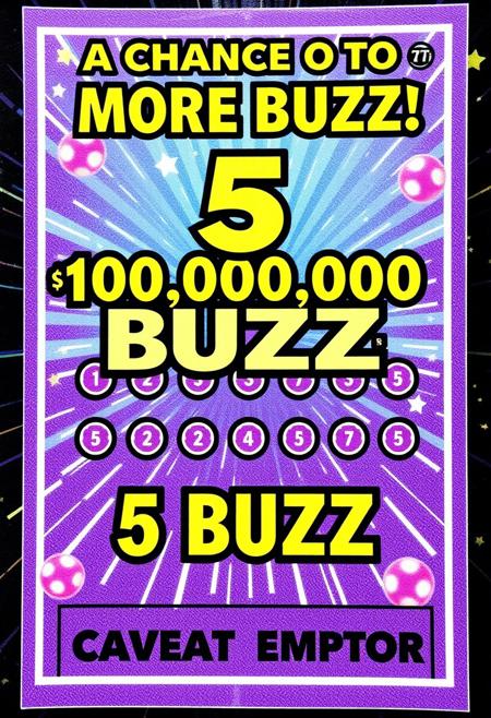 a 5 BUZZ scratch off lottery ticket where the prize is 1,000,000,000 BUZZ, it says " A CHANCE TO WIN MORE BUZZ ! " at the top of the flashy ticket, The price is " 5 BUZZ ". at the bottom of the ticket it says " CAVEAT EMPTOR ".