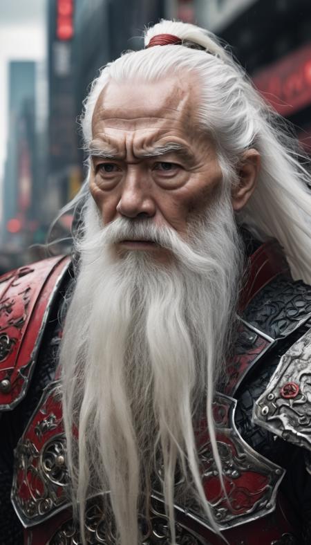 streetview portrait photograph of an old man with long white hair and long white beard looking at the viewer with a sad look in his eyes as if his soul was torn out,  he is a warrior wearing black mechanical armor,  (Gusoku Style Armor,  black,  red details,  red inlays:1.1),  intricate details,  medium shot,  slightly above view,  side view,  apocalyptical science fictional city street resembling times square,  wartorn ruins,  devastation,  vines,  vegetation,  deep dark lightning,  rule of thirds,  ultra detailed,  ultra realistic,  epic composition,  dimly lit