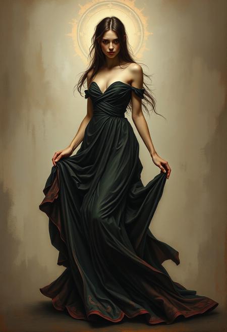 A mysterious woman in a flowing dress, her form blending classic European painting with vibrant comic book energy
stylized figurative painting, Symbolist influences, muted yet rich color palette, dramatic chiaroscuro, elongated forms, emotional intensity, religious and folkloric themes, Gothic undertones, strong narrative composition, soft yet defined brushstrokes, harmonious balance of realism and stylization, allegorical storytelling, quiet yet powerful visual expression