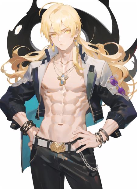 1boy, male focus, blonde hair, solo, long hair, topless male, jewelry, necklace, abs, belt, white background, hand on hip, pants, muscular, simple background, looking at viewer, navel, pectorals, wavy hair, bracelet, yellow eyes, cowboy shot, closed mouth, muscular male, holding, collarbone, standing, , <lora:newrei2:1>  <lora:tianjiaxijie:-0.5>