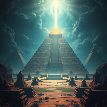 realistic, photo, scenic, psycadelic image of ancient pyramids and temples in a dark fantasy themed environment, geometric shapes, bifonacci, lsd, dmt, entities, a pyramid radiating with a light blue beam of light leading up to the sky