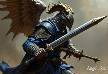 Create a highly detailed digital painting of a warhammer wielding a sword, inspired by the styles of Thomas Gambier Parry, John Jude Palencar, and Greg Rutkowski. Incorporate a harmony blue jacket, cloth banners, and insignia, while maintaining a sense of elegance and intricacy. Ensure the composition follows the golden ratio and features micro and lifelike details. The artwork should evoke a sense of an 'unholy abomination' and convey the idea that 'the angels are crying'.