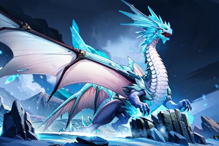 <lora:Dragons_NED-000018:0.7> <lora:voxMachinaStyleLora_season1:0.6> , textless, vox machina style, a majestic ice dragon surrounded by thunder, lanscape with snow and rocks, snowflakes falling out of the sky