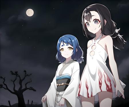 ManonLibelle; Pandemonium; fanart; multiple girls, 2girls, outdoors, long hair, tree, scenery, graveyard, tombstone, dark, sky, night, grave, bare tree 
BREAK
ManonLibelle; 1girl , japanese clothes, blue hair, upper body, hand
BREAK
Pandemonium; 2girls, white dress,  black hair, upper body, water color, smile