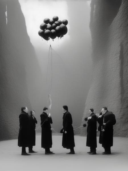 <lora:GilbertGarcin:1>a black and white film photograph of people wearing black coats having a balloon tied to their feet falling from sky