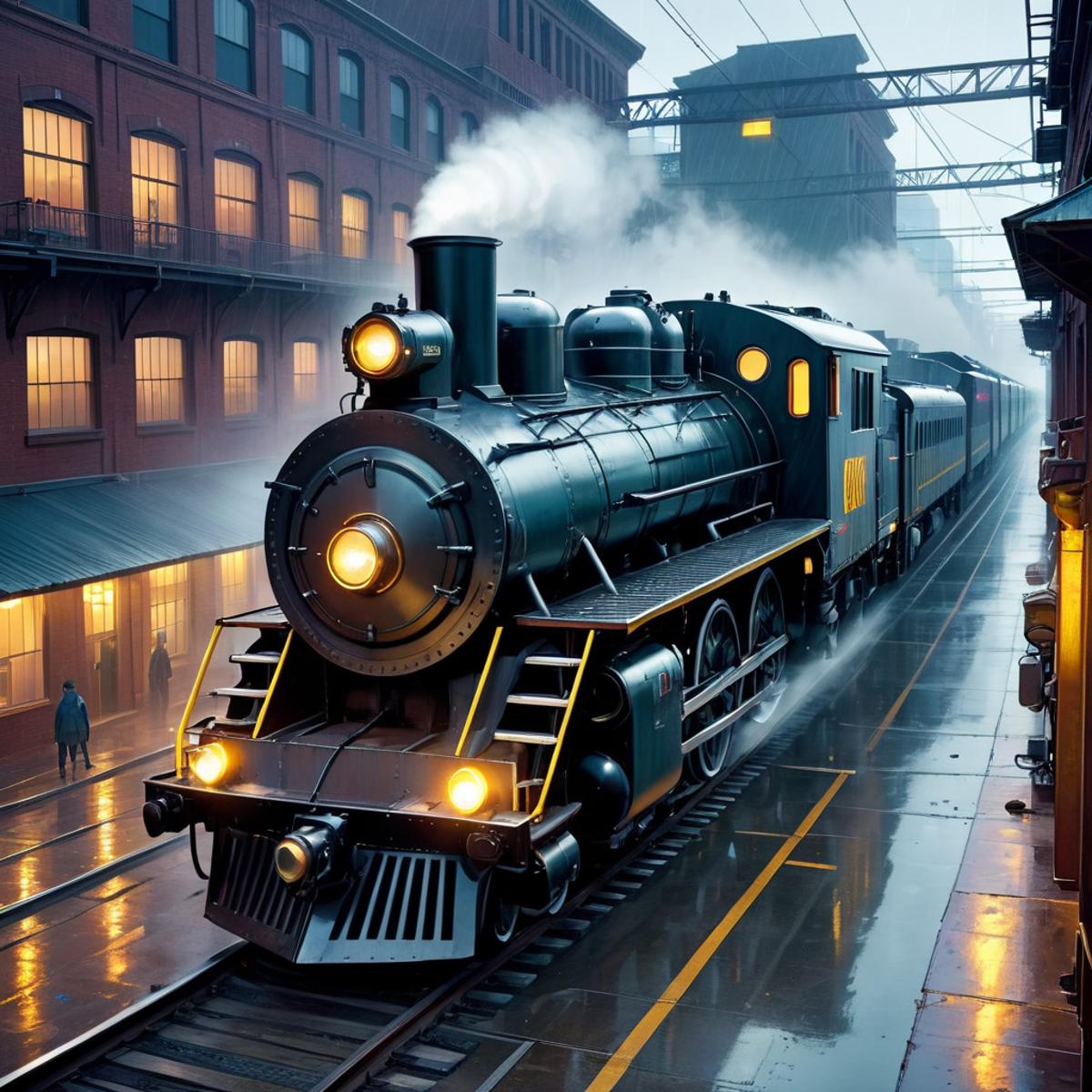 A steam engine train traveling down a rainy street.