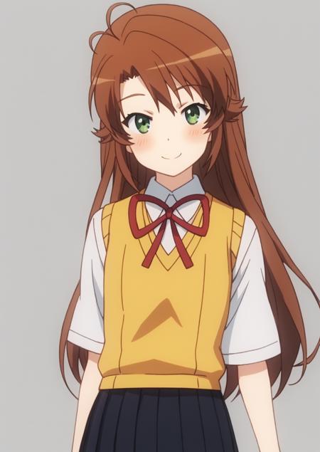 KoshiKomAnime, 1girl, solo, long brown hair, ahoge, green eyes,  KoshiKomAnime, 1girl, solo, long brown hair, ahoge, green eyes, school uniform, yellow vest, red ribbon, black pleated skirt,   KoshiKomAnime, 