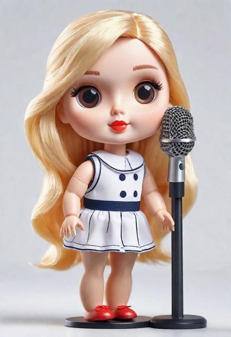 doll - blonde Klava Coca singer, next to a microphone on a stand, medium-length hair, full growth, white background, flat vector, Figma, drop, user interface v 4