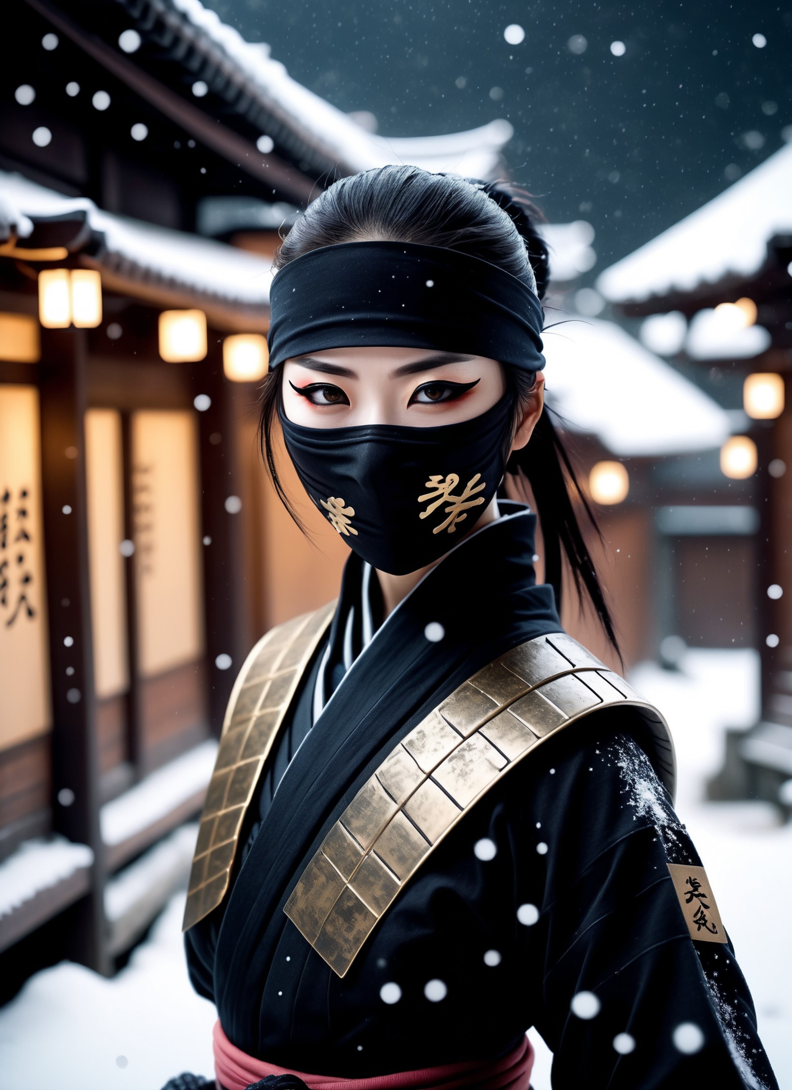 Medium far view realistic 8K raw photography, (Mysterious masked kunoichi ninja in stealth:1.3), Dark snowy town scene, Go...