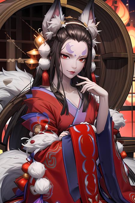 yuanshen,1girl,animal ears,red eyes,solo,fox ears,japanese clothes,hair ornament,long hair,wide sleeves,kimono,brown hair,white skin,black hair,animal ear fluff,pale skin,upper body,facial mark,closed mouth,long sleeves,hair stick,red kimono,<lora:add_detail:0.5>,<lora:epiNoiseoffset_v2:0.5>,<lora:EnvyBetterHands LoCon_beta2:1>,perfect hands,<lora:烬天玉藻前1:0.8>,red lips,