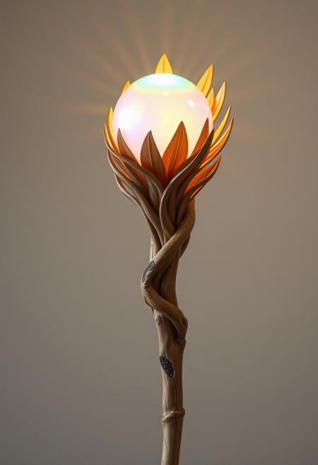 A fantasy staff made of wood, with a natural and slightly curved design resembling a branch. At the top, a huge rainbow glowing and light shining pearl sphere which emits rays of light is held within a intricate feather-like intertwining of wooden elements.