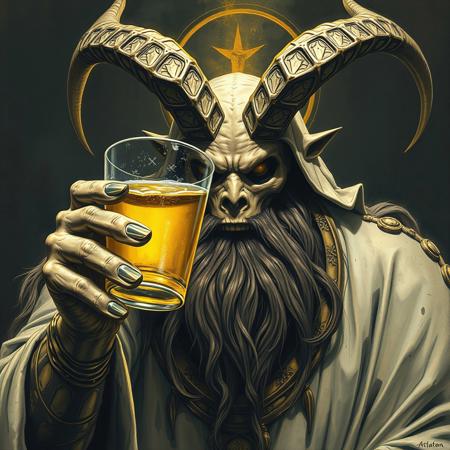 A realistic image of Baphomet raising a glass of clear yellow liquid as to toast to the viewer, horror art, gritty and textured, ultra-detailed, artstation, stoner doom art