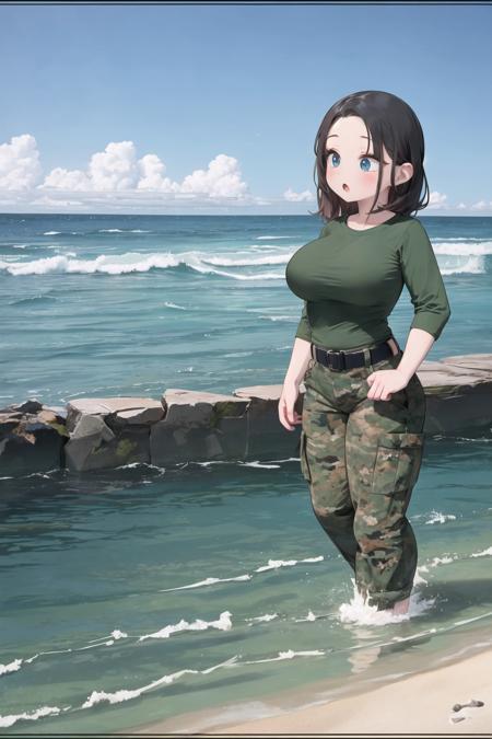 bootsnutes, <lora:bootsnutes3:0.6>, shirt tucked in, green shirt, t-shirt, camouflage pants, black belt, belt buckle, 1girl, wading, ocean, beach, partially submerged, :o, surprised, large breasts, wide hips