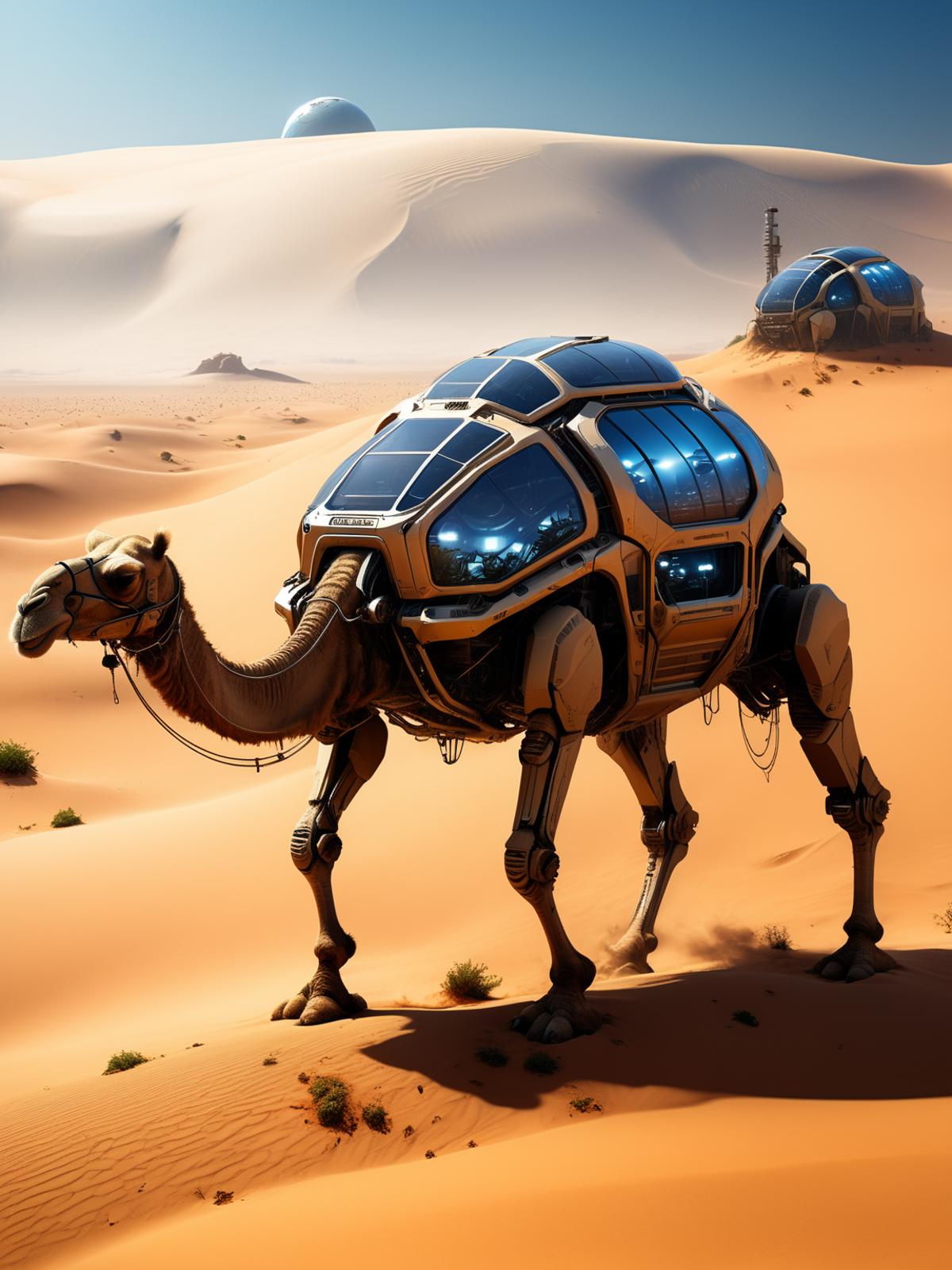 A Camel with a Machine on its Back in a Desert Environment