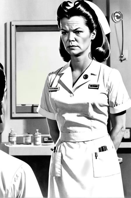 Nurse Ratched woman A comic book panel showing Nurse Ratched's stern face as she lays down the rules of the ward, bold lines, strong contrast, and monochromatic colors