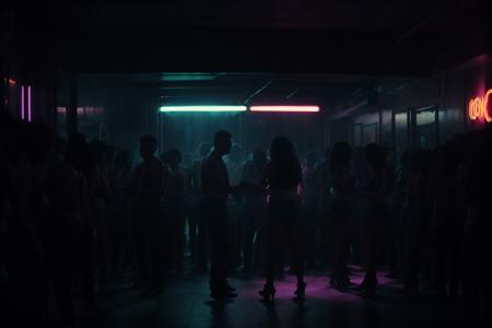 crowd dancing at party, from the side, cinematic film still, inside, neon lights, disco, smoke, fog, movement, intricate detail, busy, many people, packed dance floor, huge crowd, low key, dark, dimly lit, bokeh, dreamy, soft focus, blurry <lora:euphoriaStyleV19-000006:0.7> <lora:epiNoiseoffset_v2:0.7>