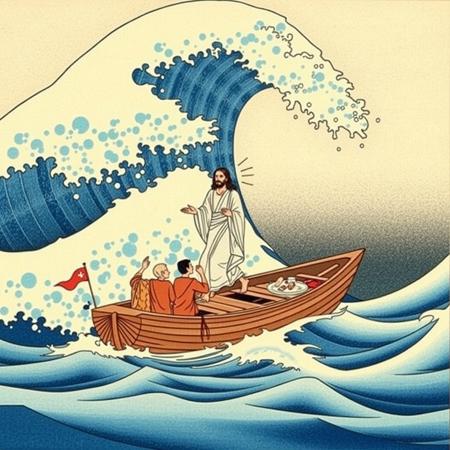 Jesus walking on water while his disciples watch from the boat, the water is the famous piece by Katsushika Hokusai “Under the Wave off Kanagawa”