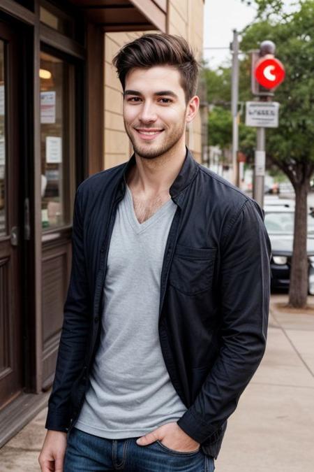 raw photo, (5 foot 10 inch 24yo skinny male:1.1), accessories, realistic skin texture, (red:0.8), warm lighting, cosy atmosphere, instagram style, onlyfans, looking at camera seductively, casual, candid, outdoor daytime shot in austin texas, authentic happy face, beautiful anatomy, 4k, beautiful face, sfw, beautiful hands and fingers, tailored clothing, dating profile picture