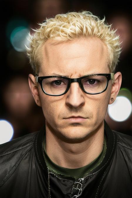 a man looking into the camera, 25 year old, 28 year old, blond hair, black glasses, on stage, serious expression, angry, <lora:chester:1>, dark evening, midnight, green glow, surreal, raw, 8K, uhd, masterpiece, perfect face, clear eyes