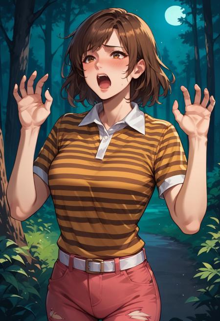 jenny, brown hair, short hair,  orange striped shirt, polo shirt, pink jeans, white belt Shoes