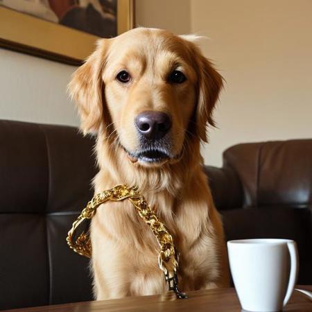 A golden retriever with gold chains and aviator sunglasses, holding a cup in paw