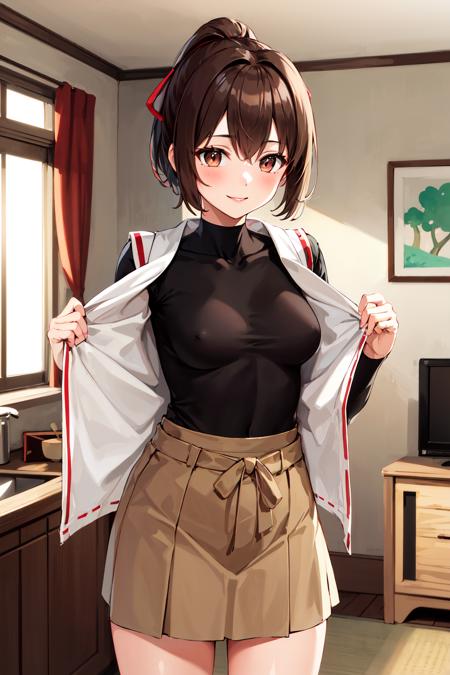 masterpiece, best quality, highres, hyuugaise, short hair, ponytail, hair ribbon, japanese clothes, open clothes, skin tight, black shirt, undershirt, brown skirt, hakama skirt, undressing, <lora:hyuuga_&_ise_v1:0.8>, indoor, smile, living room,