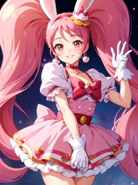 cure whip twintails, pink dress, hair ornament, white gloves, pom pom earrings, pink choker, red boots