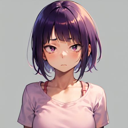 kyoka jiro, 1girl, solo, breasts, blush, short hair, bangs, simple background, shirt, white background, closed mouth, purple eyes, collarbone, upper body, purple hair, short sleeves, blunt bangs, looking away, t-shirt, pink shirt, long earlobes <lora:KyokaJiroLoRA-10:0.6>