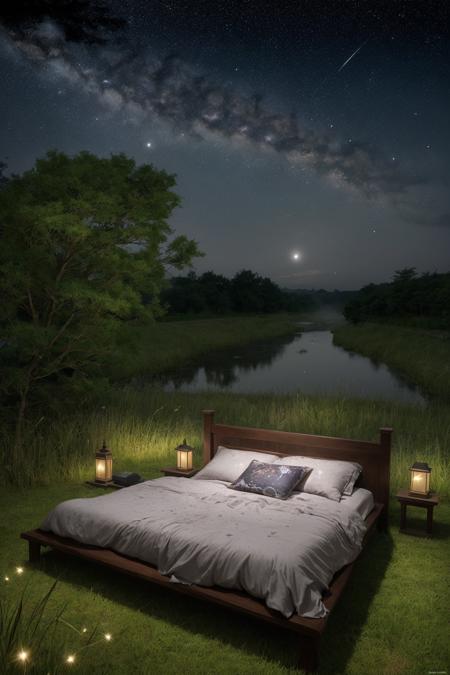 (masterpiece), (best quality), hyper-realistic Japanese countryside at night, star-filled sky with the Milky Way above, a katana gently resting on a bed of grass near a small river, soft moonlight casting silver glow, fireflies hovering in the air, peaceful and spiritual vibe, gentle fog over the field, extremely detailed, magical and emotional, PixCReal ultra-real style
