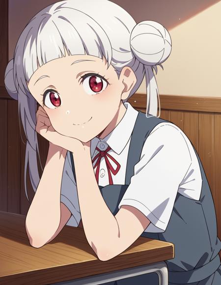 <lora:chisato-arashi-s2-ponyxl-lora-nochekaiser:1>, chisato arashi, long hair, bangs, red eyes, twintails, white hair, blunt bangs, hair bun, double bun, shirt, dress, ribbon, school uniform, white shirt, short sleeves, collared shirt, red ribbon, neck ribbon, pinafore dress, grey dress, summer uniform, yuigaoka school uniform,