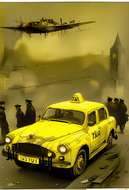 a yellow taxi during first world war <lora:vor_enki.v3.lora:0.75>