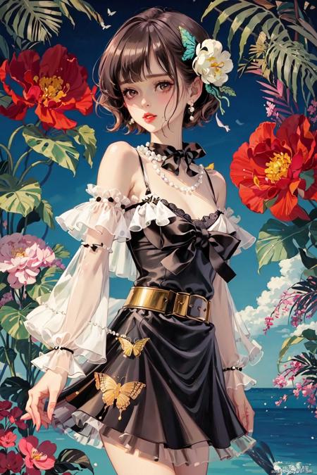 1girl, looking at viewer, short hair, black hair, hair ornament, long sleeves, dress, bow, ribbon, bare shoulders, brown eyes, jewelry, flower, earrings, parted lips, solo focus, choker, tears, hair flower, necklace, off shoulder, nail polish, black ribbon, black bow, blue dress, leaf, border, ring, bug, butterfly, pink flower, out of frame, beads, off-shoulder dress, key, pearl necklace, pearl (gemstone),
 <lora:matsuo:1>