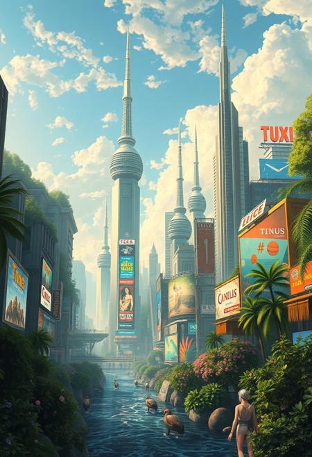 Landscape of a futuristic elvish solarpunk sci-fi city reminiscent of Times Square set in a lush jungle with tall towers and futuristic skyscrapers, tasteful advertising, breathtaking colours, detailed sky with greenery and flowing water. The scenery is flowing with life and serenity