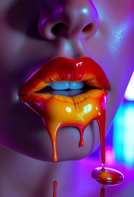 A high-resolution image of a woman’s lips, painted with a bold gradient blend of red and yellow, merging smoothly to create a striking contrast. The lips are glossy and reflective, catching light from neon-colored spotlights in the background—deep purples, blues, and pinks—enhancing their shine. A few thin streams of paint drip delicately from the lips, adding a dynamic element. The overall effect is sleek and futuristic, with the subtle reflections on the glossy surface contributing to the intensity of the image
