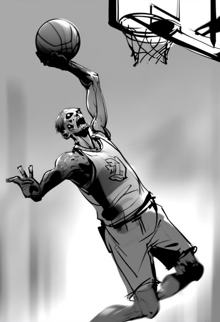 storyboard sketch of a zombie basketball player dunking with both hands, action shot, motion blur, hero <lora:Storyboard_sketch:0.8>