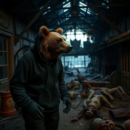 An anthro grizzly bear urban explorer wearing a black hoodie is walking through a house of horrors in an abandoned amusement park. Various deteriorated and broken scary props are lying around. It is late evening and the scene has an eerie atmospheric cinematic look with contrasting shadows and light.