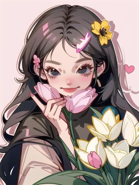 yaya_style, 1girl, solo, tulip, long hair, pink flower, flower, yellow flower, holding, black hair, smile, black eyes, hair ornament, holding flower, looking at viewer <lora:yaya_style-000005:1>