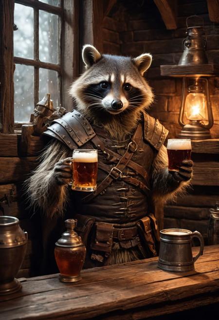 fantasy anthropomorphic a raccoon warrior in dark tavern holding a pint of ale in a cozy environment with gas lamps rustic wood warm brick fireplace and frosted glass windows