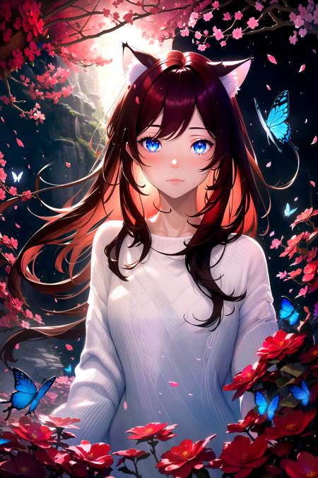 (masterpiece, best quality, highres), 1girl, raifu, solo, abstract, pov, close-up,
BREAK
dark background, depth of field, rim lighting, flowers,
petals, cave, butterfly, vegetation, aura, magic,
BREAK
dark red hair, blue eyes, straight hair, cat ears, blush,
(medium breasts:0.8), mature female, white sweater,