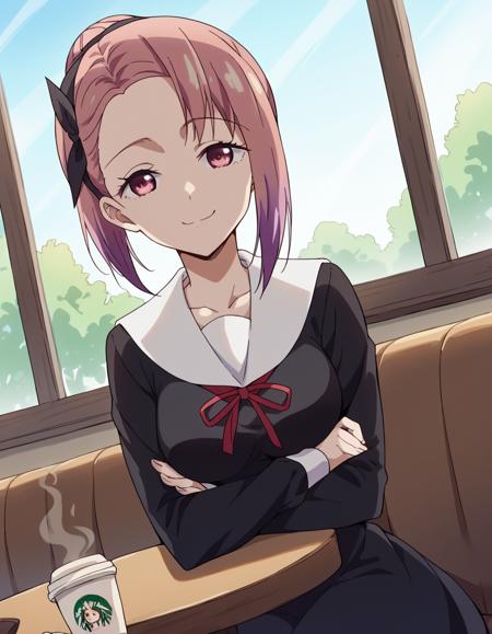 tsubame koyasu, short hair, hair ribbon, pink hair, purple hair, multicolored hair, pink eyes, gradient hair, forehead, medium breasts, long sleeves, dress, ribbon, school uniform, collarbone, black dress, sailor collar, white sailor collar, red ribbon, neck ribbon, shuuchiin academy school uniform, skirt, hood, black skirt, hoodie, hood down,