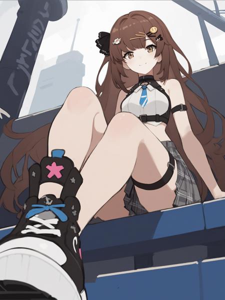 nanami,thighhighs,brown eyes,brown hair,jacket,looking at viewer,shark tail,sneakers,navel,hood,white shirt,pleated skirt,plaid skirt,black thighhighs,grey skirt,puffy long sleeves,hooded jacket, shoes,skirt,brown hair,brown eyes,long hair,virtual youtuber,bare shoulders,looking at viewer,grey skirt,crop top,ribbon,shirt,plaid skirt,pleated skirt,black ribbon,sneakers,white shirt,sleeveless,thigh strap,sleeveless shirt,bare arms,white background,white panties,