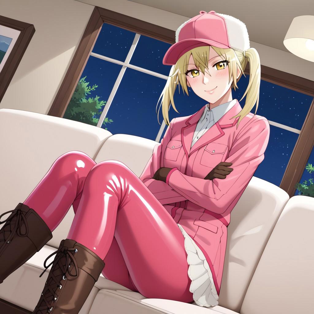 masterpiece, best quality, score_9, score_8_up, score_7_up, full body, 1 girl,, cowboy shot, dutch angle, sitting on couch, indoors, night, blushing madly, coy smile, looking at viewer, crossed arms, 1girl, <lora:eosinophil-s1-ponyxl-lora-nochekaiser:1>, eosinophil, blonde hair, twintails, yellow eyes, latex shirt, latex gloves, hat, latex jacket, white latex shirt, latex boots, latex pants, fur trim, brown footwear, baseball cap, brown latex gloves, cross-laced latex footwear, pocket, lace-up latex boots, pink headwear, breast pocket, pink latex jacket, fur hat, pink latex pants,