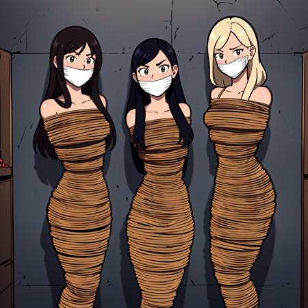 (masterpiece, best quality, ultra-detailed), (illustration),
4girls,multiple girls,standing,long hair,rope,rope bondage,
solo,arms behind back, bound arms,gag, bondage, gagged, bound legs,<lora:rope:0.7>,rope,mummification,mummified,duct tape,<lora:tapegag_v1:0.5>