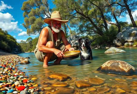 anatomically correct, complex shadows, intricate details, high quality, hi res, best quality, elderly man, muscular, far attire, straw hat, crouching in a river, sifting for gold, narrow river, clear river, colourful rocks, small pebble shore, vivid colours, trees, bushes, the elderly man is happy, there is a single gold nugget in his sifting pan, the elderly man isn't wearing boots, the elderly man is barefoot, his feet are submerged in the water, his pants are rolled up to his knees, the elderly man is up to his knees in the river,  there is a border collie in the water with the elderly man, the border collie is watching the elderly man sift for gold, clear blue sky, beautiful clouds, light shining through the trees, shadows cast onto the river from the trees overhead, big rocks in river, water flowing around the rocks,