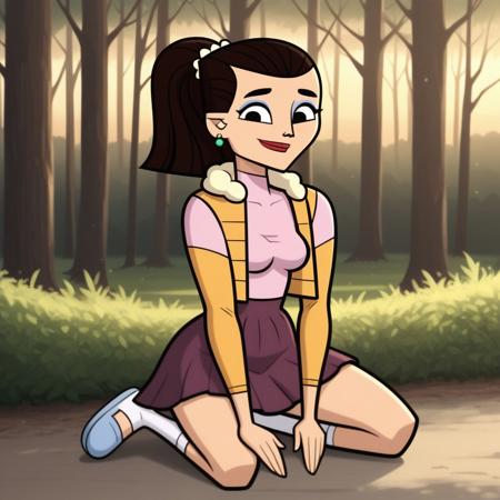 crop top, long sleeves undershirt, sleeveless mini jacket, 1girl, skirt, slippers, toeless legwear, dark brown hair, ponytail, blue eyeshadow, lipstick, makeup, earrings, black eyes, breasts, total drama, Josee_(Total_Drama), tdtrr