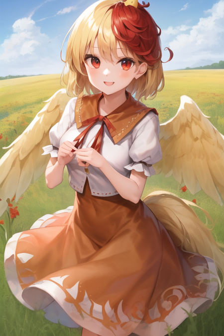 1girl, (((detailed eyes))), (((perfect face))), (((Solo))), ((detailed field, withered grass, white grass, higanbana, lycoris radiata)), ((Kutaka Niwatari, touhou)), ((red eyes)), ((light yellow hair, red hair extension, short hair)), ((light yellow wings)), ((light yellow feathery tail)), ((orange dress)), ((white jacket)), ((orange puritan collar)), ((red ribbon)), ((brown boots)), smiling, ((looking at viewer)), ((standing))