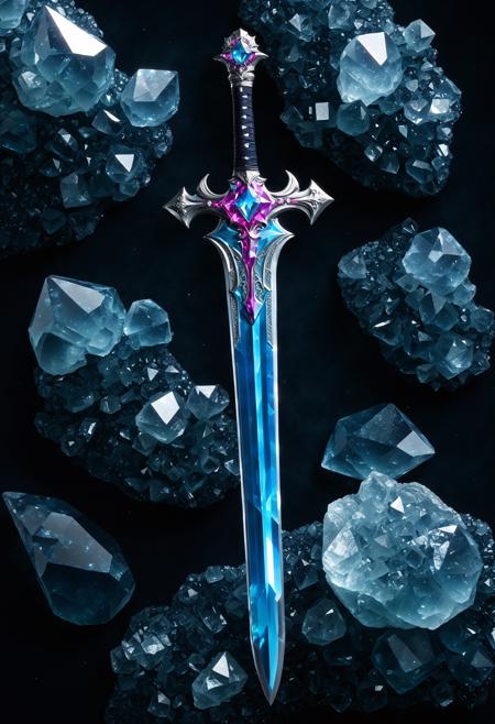 <cs-cr1stal-v2:1.5>, <novuschroma54 style:0.15>, a highly detailed model of (crystal giant_bastard_sword) made entirely of ((raw natural formation) of translucent (crystals:1.15)), high contrast, vivid colours, (path traced lighting), (dappled_lighting:1.3), lighting from above, celestial bodies, (crystal clear), simple background, dark background, jagged edges,
