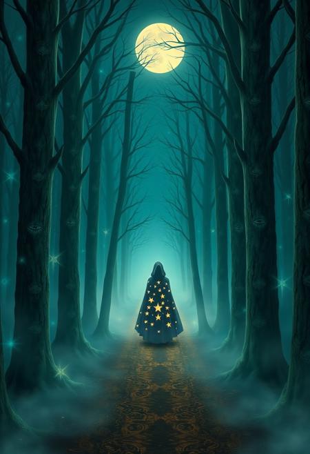 A lone figure cloaked in stars stands on a forest path where the mist glows faintly blue and green. Trees around them are decorated with celestial symbols and watching eyes, their bark etched in ornate patterns. The mood is sacred, timeless, and surreal. vivid style, folklore-symbolism medium, moonlit haze with deep shadow
